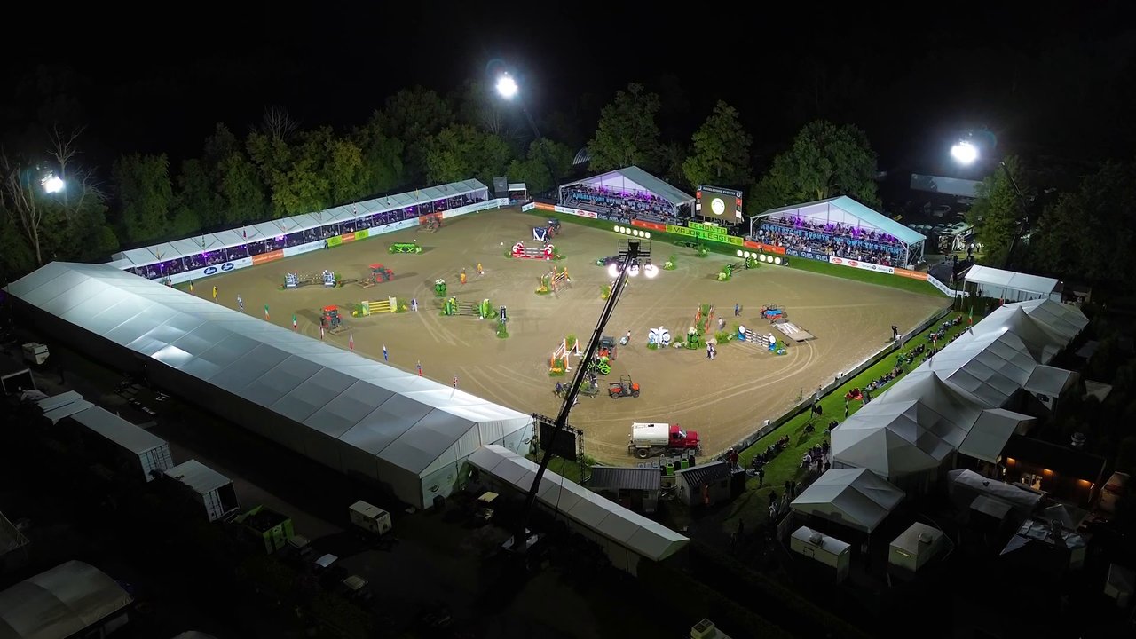 MLSJ Season 6 trailer: aerial view of a floodlit show jumping arena at night